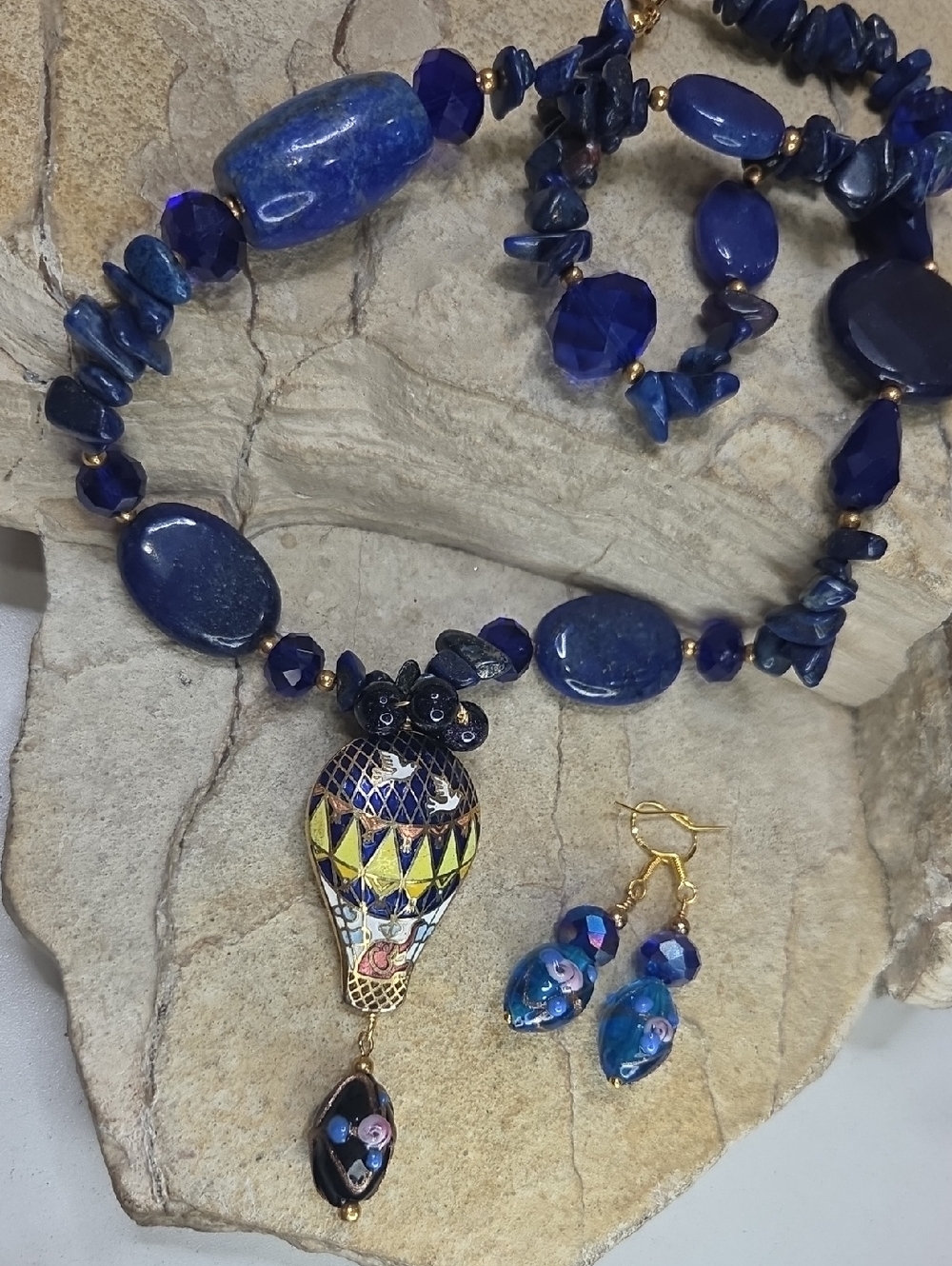Vintage cloisonne Pendant lapis Lazuli Necklace Wedding Cake 925 Earrings - Picture 4 of 13